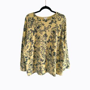 J.Jill Stenciled Garden Lemon Sweater 2X Floral Butterfly Knit Cotton Botanical